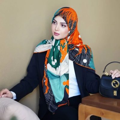 روسری رنگی طرح دار ابریشم تویل کد 2072
